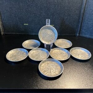 Vintage‎ MCM Set Of 8 Everlast Forged Aluminum Coasters Dogwood Floral Embossed